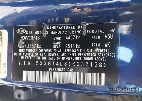 2019 Kia Optima Lx z USA, uszkodzony, nr VIN 5XXGT4L31KG321582